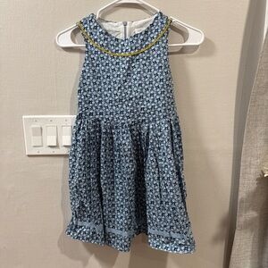 Girls' Blue Floral Sleeveless Dress with Yellow Trim